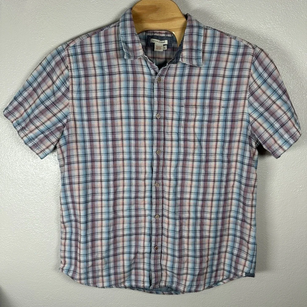 Carbon 2 Cobalt Shirt Mens XL Button Up Textured Short Sleeve Multi Plaid Cotton